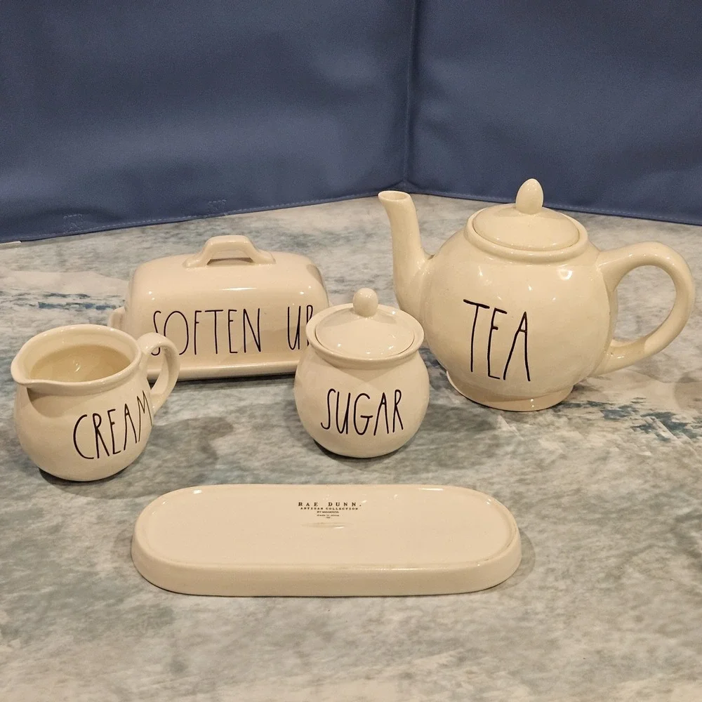 Rae Dunn Kitchen Set TEA Teapot Cream‎ Sugar Butter Dish SOFTEN UP 5pc Artisan